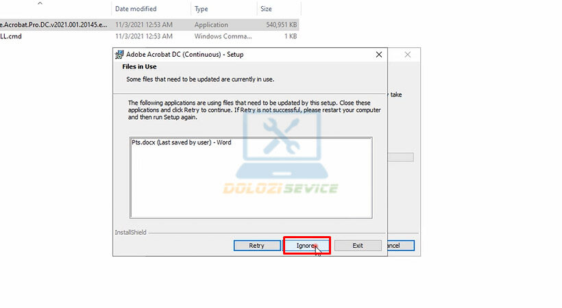 Tiến hành chọn Ignore.