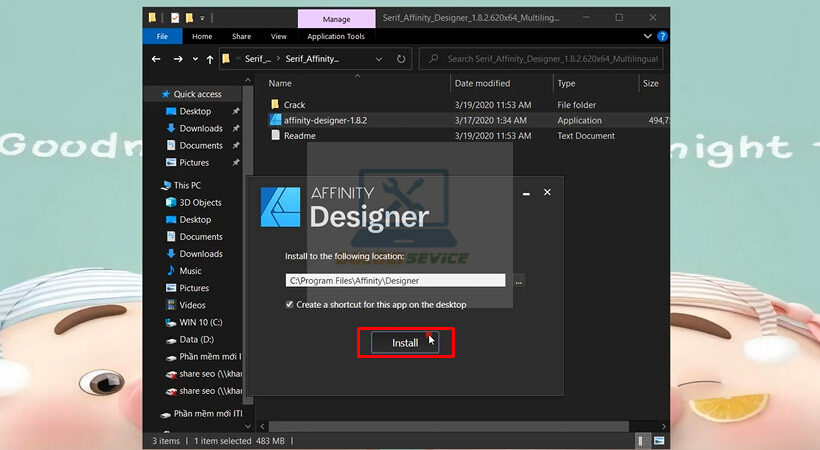 Tiến hành chọn Install Affinity Designer 2019.