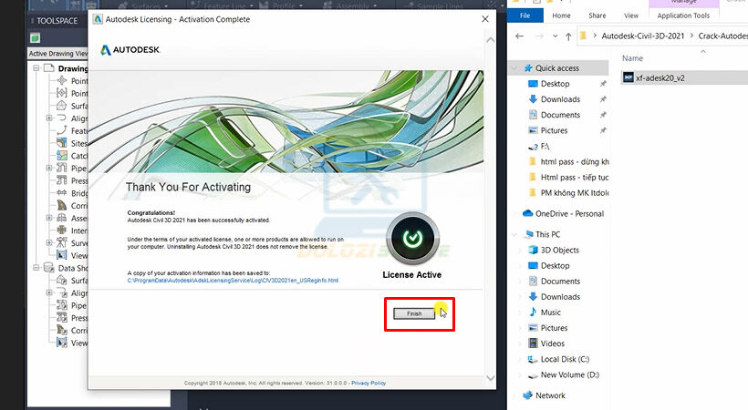 Chọn Finish để hoàn tất cài đặt Autodesk Civil 3D 2021.