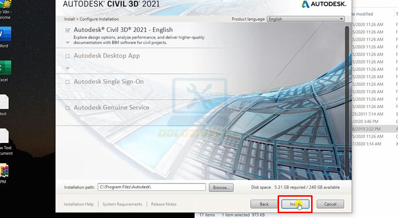 Xác nhận cài đặt Autodesk Civil 3D 2021.
