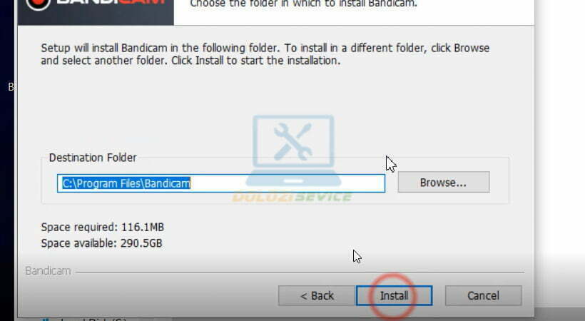 Tiến hành chọn Install phần mềm Bandicam 2022.