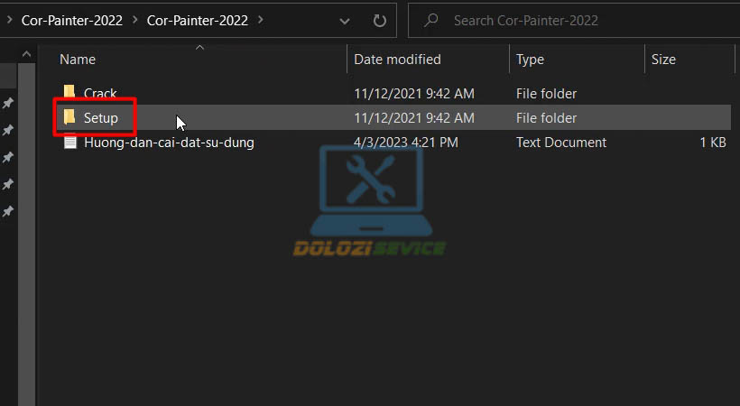 Mở thư mục setup