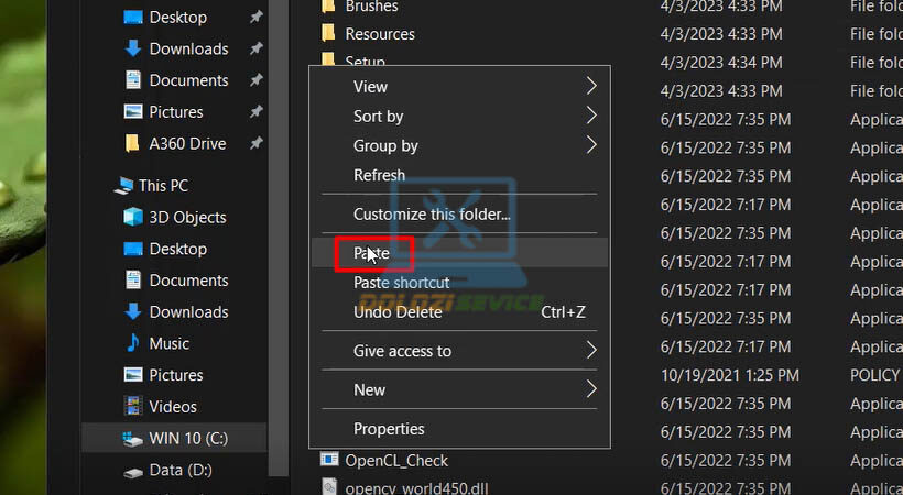 Dán file đã sao chép vào