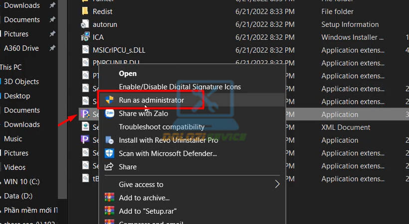 Chạy file setup bằng quyền Admin