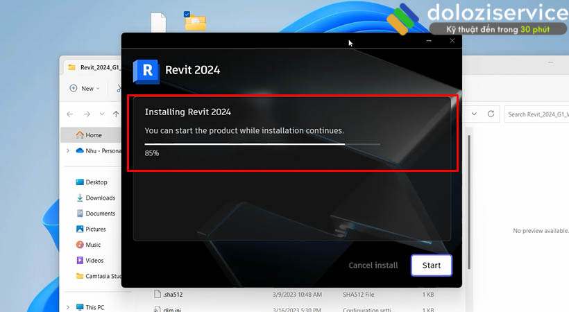 Đợi Installing Revit 2024 được 100%.
