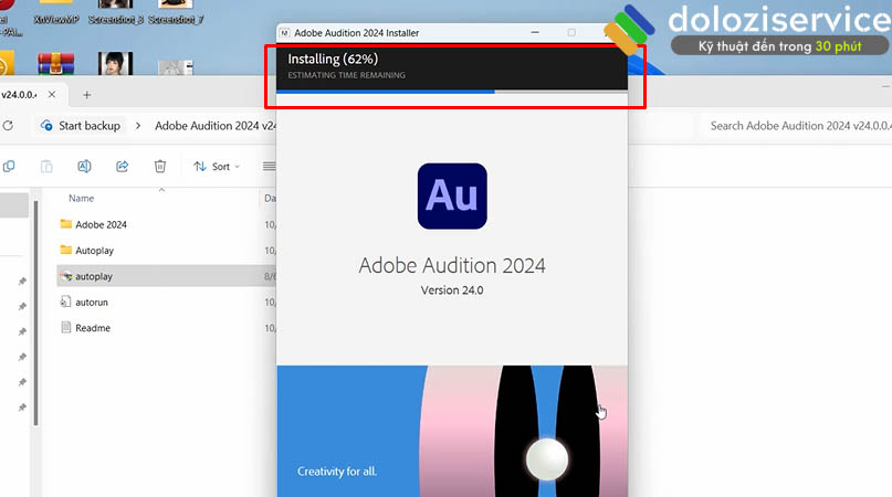 Đợi phần mềm 100% loading cài đặt Audition 2024.