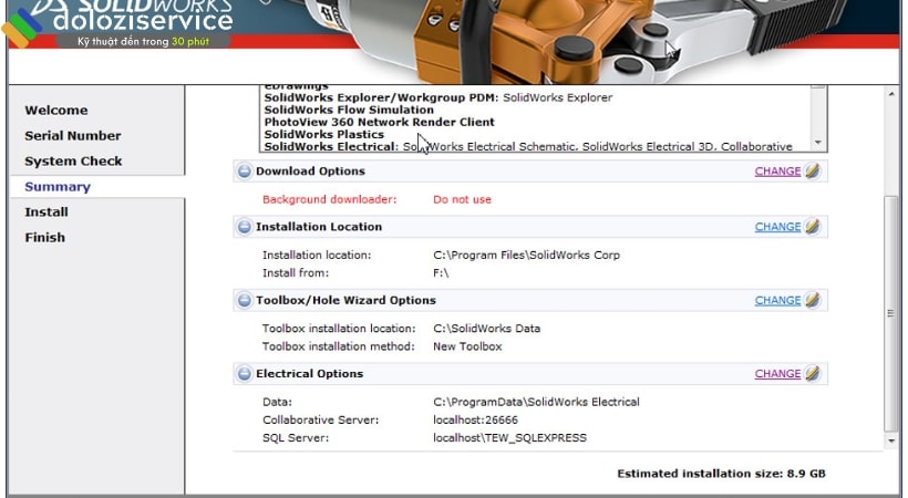 Nhấn Install để tiến hành cài đặt SolidWorks 2014