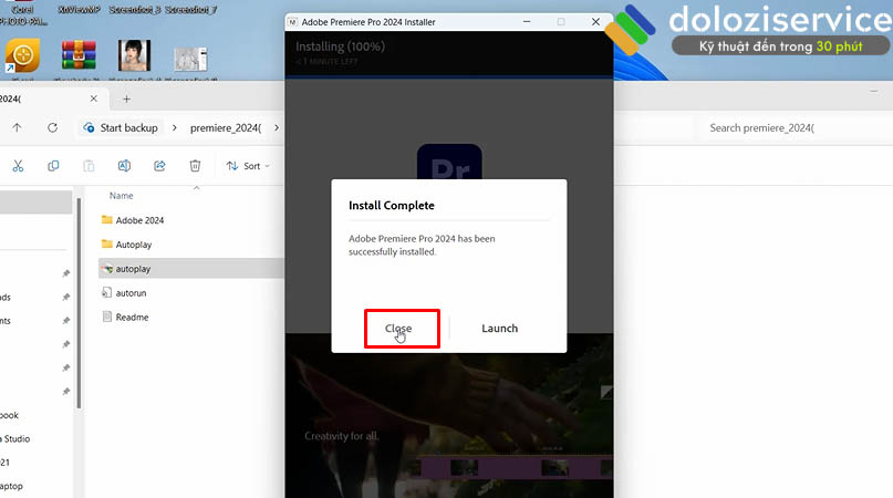 Hãy chọn Close hoàn thành cài Adobe Premiere 2024.
