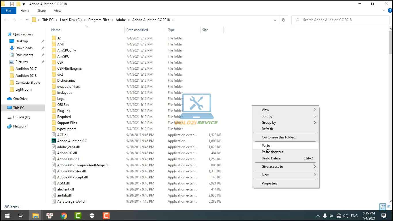 Dán vào thư mục cài đặt phần mềm Audition 2018