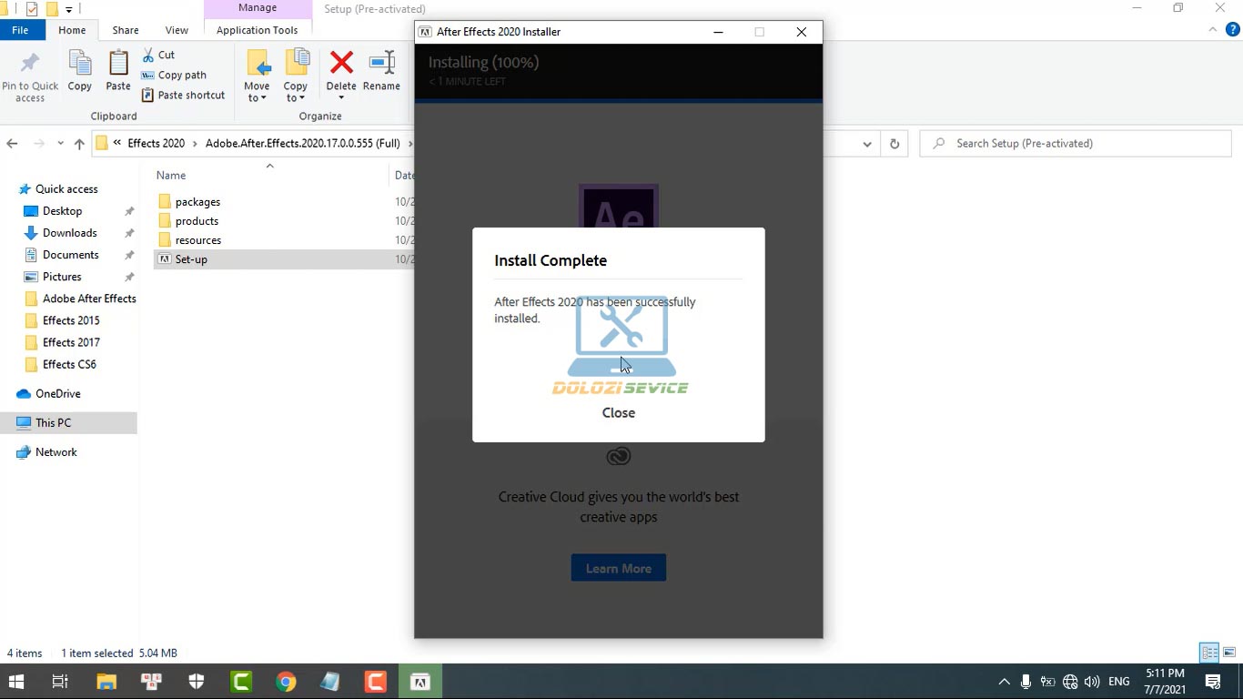 Hoàn tất cài đặt phần mềm After Effects 2020