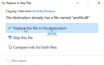 Chọn Replace the file in the destination