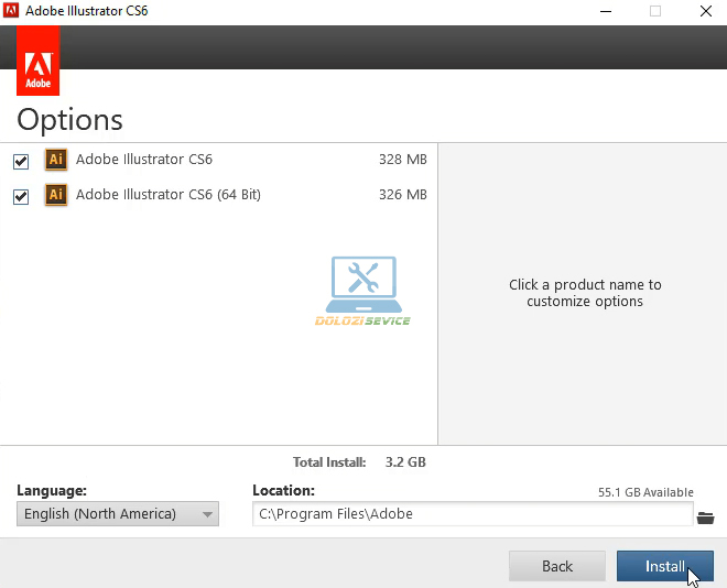 Chọn Install để cài đặt Illustrator CS6 Full Crack