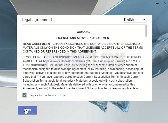 Đồng ý với các Điều khoản sử dụng và nhấn Next