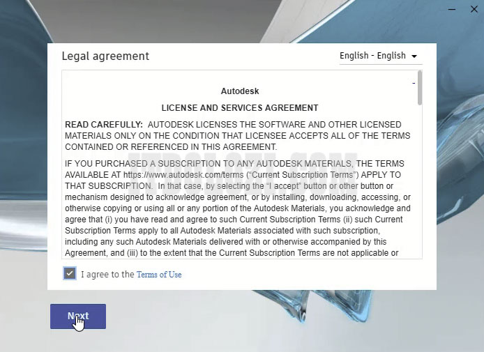 Chọn I agree to the Terms of Use