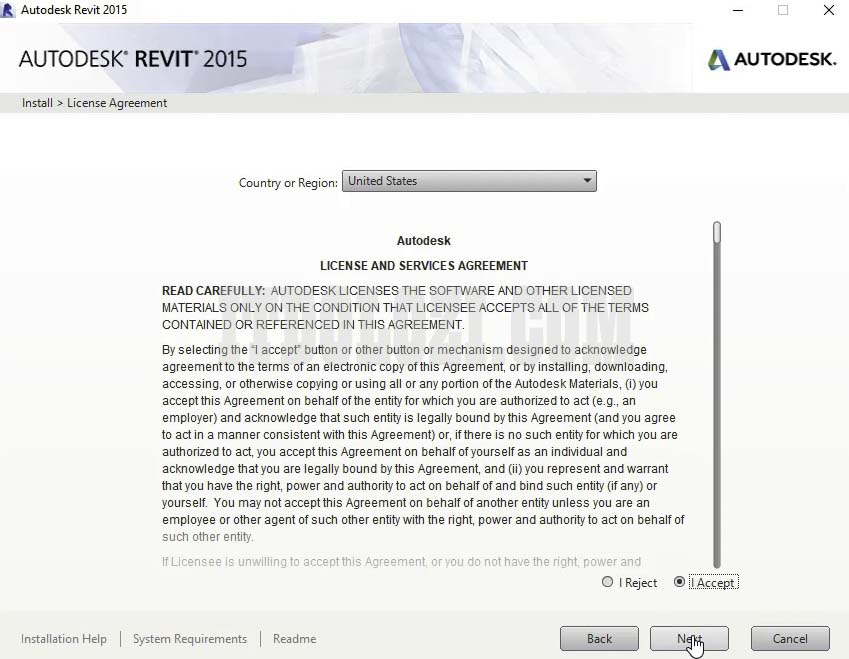 Hướng Dẫn Cài Đặt Revit 2015 và Tải Phần Mềm Miễn Phí 6 Tiếp theo ta chọn I Accept rồi nhấn Next