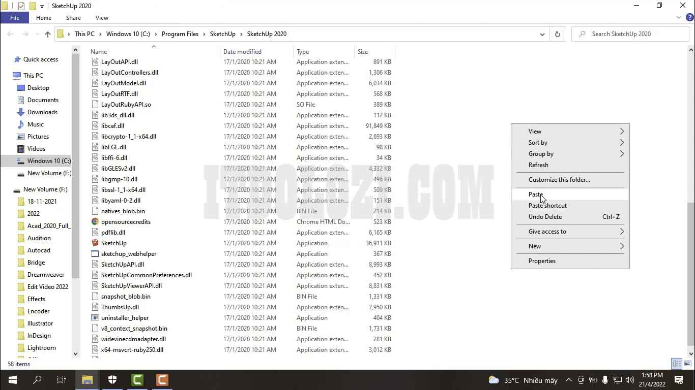 Dán 3 File vào thư mục cài đặt Sketchup 2020