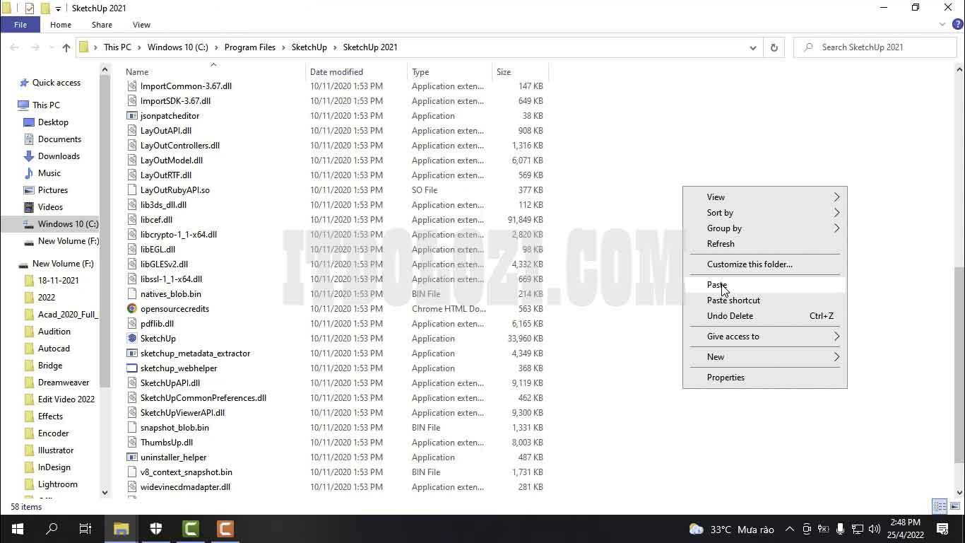 Dán 3 File vừa Copy vào thư mục cài đặt Sketchup 2021