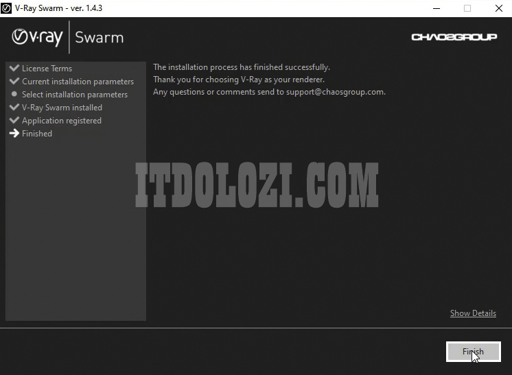 Chọn Finish để hoàn thành cài đặt Vray 4.0 for Sketchup 2016