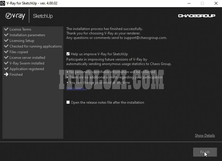 Nhấn Finish để hoàn thành cài đặt Vray for Sketchup 2016