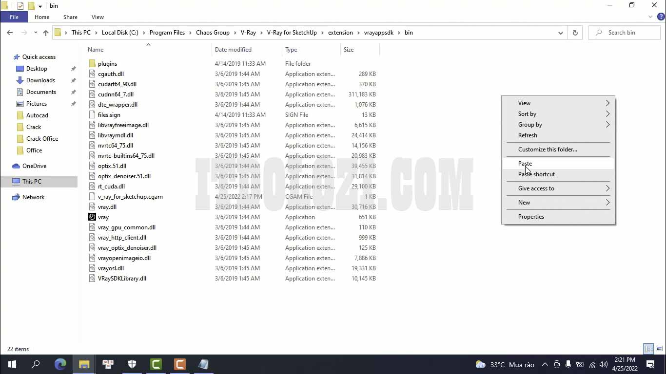 Hướng dẫn cài đặt Vray 4 cho Sketchup 2018 - Tải ngay! 16 Dán File vừa Copy vào thư mục Bin theo đường dẫn như hình