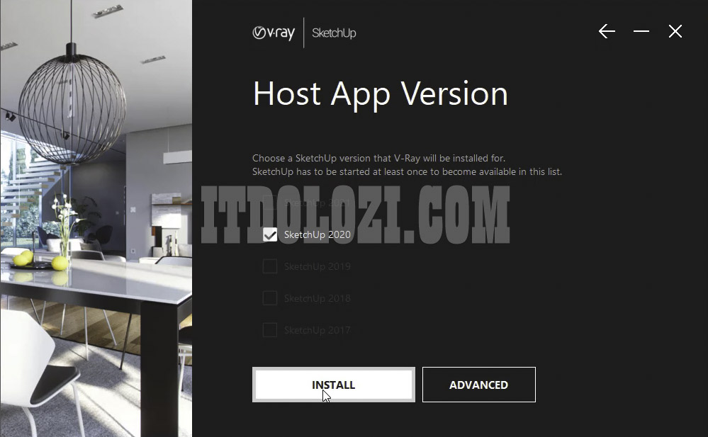 Hướng Dẫn Cài Đặt Vray 5 cho Sketchup 2020 và Tải Phần Mềm 4 Chọn mặc định là Sketchup 2020 và nhấn Install