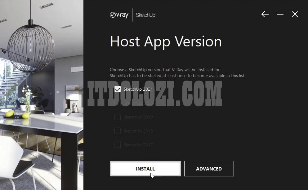 Hướng Dẫn Cài Đặt Vray 5 Cho Sketchup 2021 Và Tải Phần Mềm 4 Chọn phiên bản Sketchup 2021 và nhấn Install