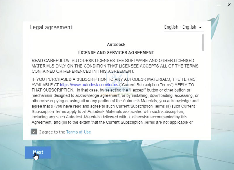 Đồng ý điều khoản sử dụng và nhấn Next