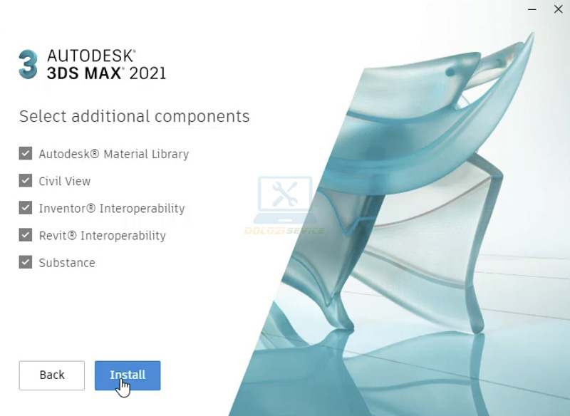 Nhấn Install để bắt đầu cài đặt 3DS Max 2021