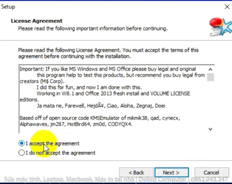 Chọn I accept the agreement