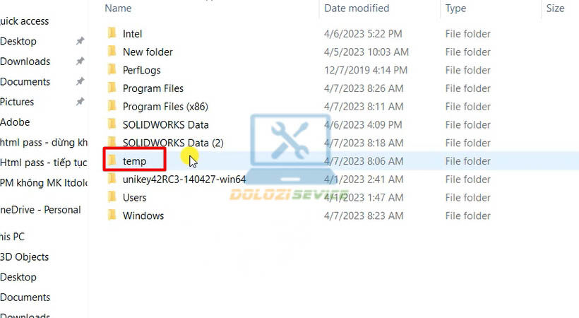 Mở thư mục temp