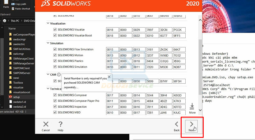 Tiếp tục chọn Next. Hướng dẫn cài đặt SolidWorks 2020