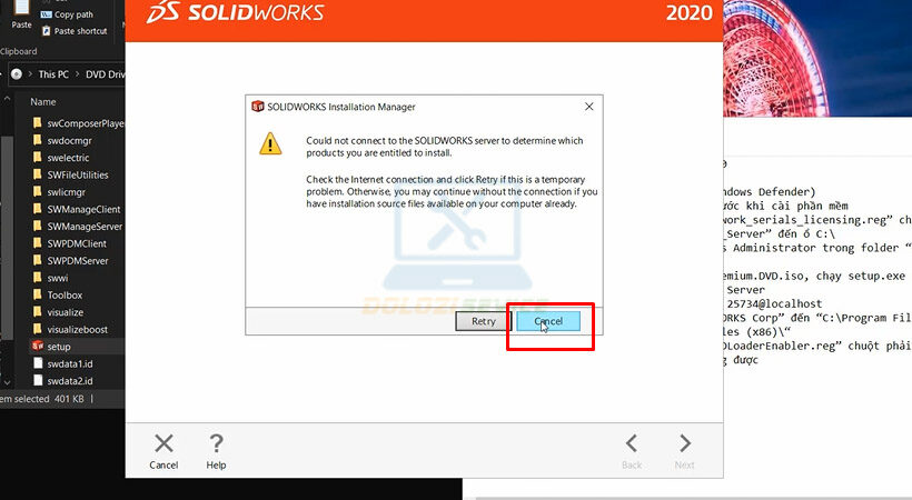 Tiến hành chọn Cancel. Hướng dẫn cài đặt SolidWorks 2020
