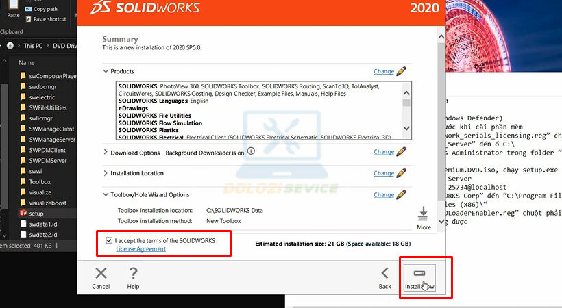 Tiến hành tích chọn như hình sau đó chọn Install Now SolidWorks 2020.