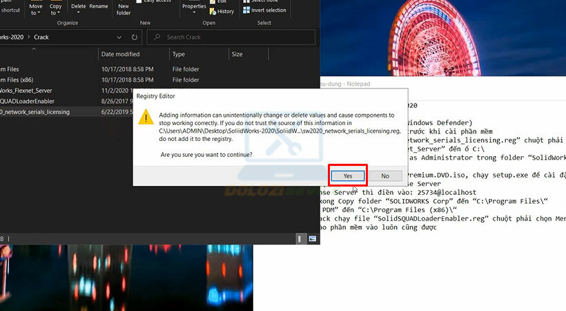 Tiến hành chọn OK tiếp tục cài đặt SolidWorks 2020.