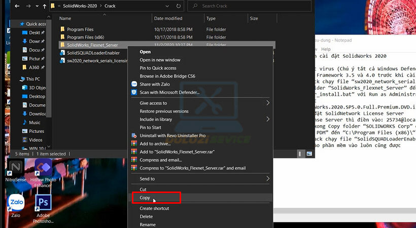 Tiến hành chọn Copy file như hình. Hướng dẫn cài đặt SolidWorks 2020