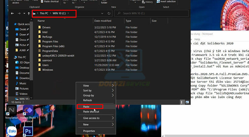Tiến hành Paste như hình để tiếp tục cài SolidWorks 2020.