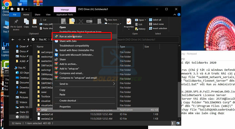Tiến hành khởi chạy file Set up SolidWorks 2020.
