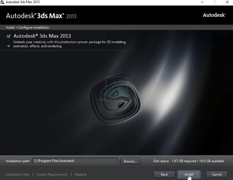 Nhấn Install để bắt đầu cài đặt 3DS Max 2013