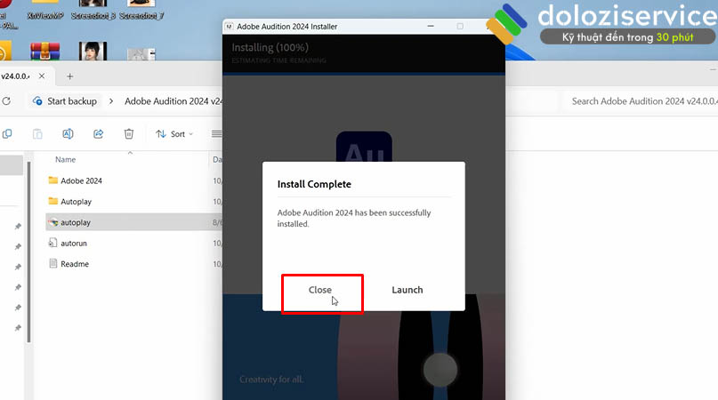 Tiến hành chọn Close hoàn thành cài đặt Audition 2024.