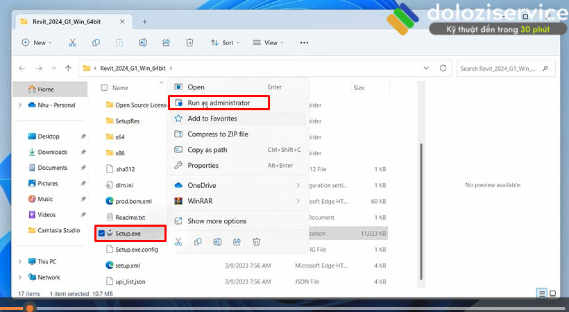 Chọn vào mục setup sau đó chọn run as admintrator như hình.