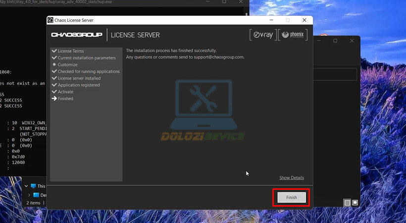 Nhấn Finish để hoàn tất cài đặt.