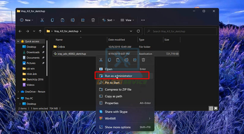 Khởi chạy file cài đặt với quyền Administrator.