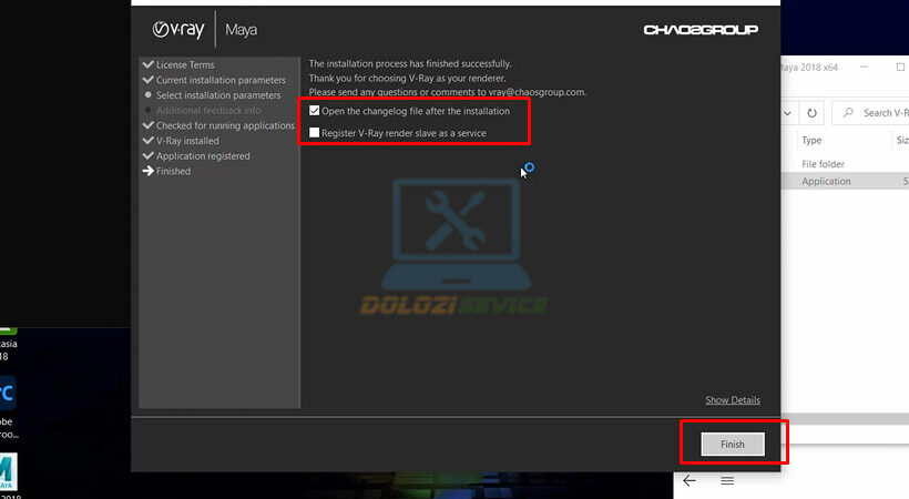 Hướng Dẫn Cài Đặt Vray for Maya 2018 Và Tải Phần Mềm Miễn Phí 7 Tiến hành chọn như hình sau đó chọn Finish.