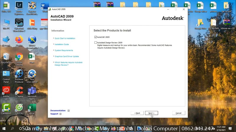 Chọn Next để tiếp tục cài đặt autocad 2009