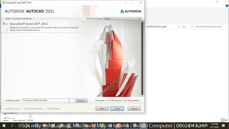 Chọn Install để bắt đầu cài đặt autocad 2021