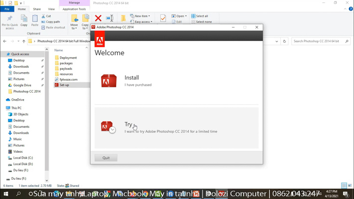Chọn Try để tiếp tục cài đặt Photoshop CC 2014 Full Crack