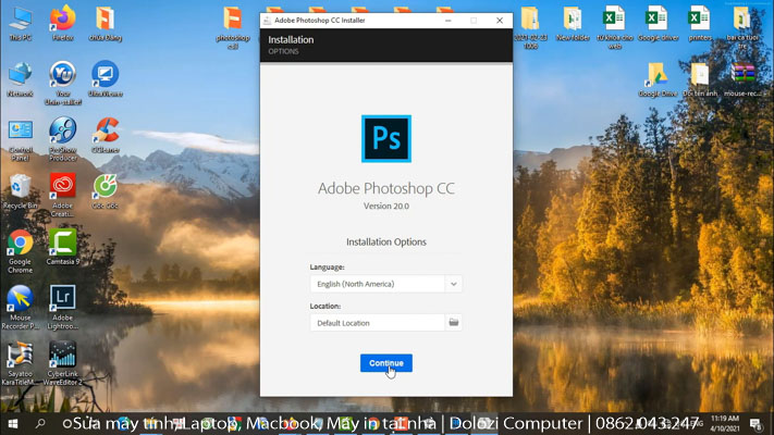 Chọn continue để bắt đầu cài đặt photoshop cc 2019 full crack