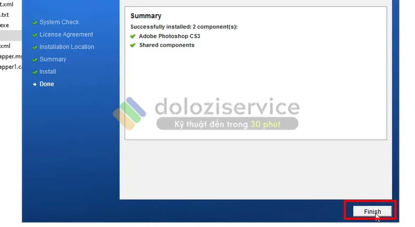 Chọn Finish hoàn tất cài đặt Photoshop CS3