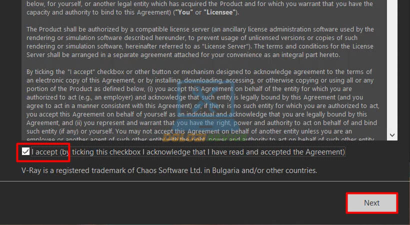Hướng dẫn cài đặt Vray for 3ds Max 2020 và tải phần mềm miễn phí 5 Chọn I Accept trong Vray for 3ds max 2020